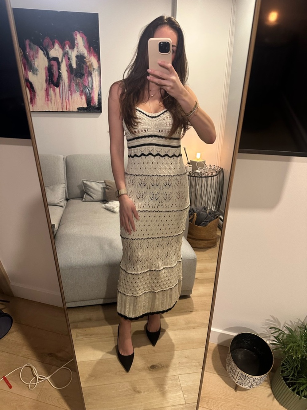 Micas Cream Crochet Maxi Dress with Black Trim